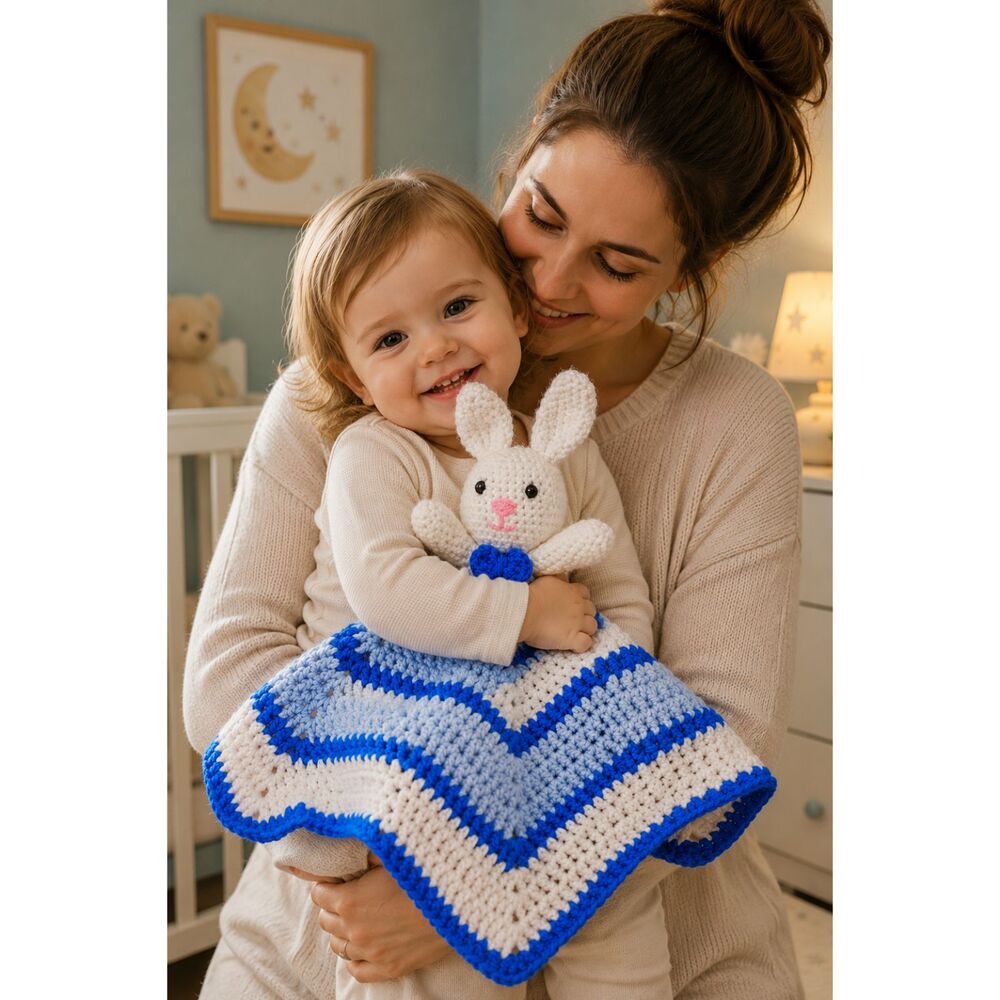 Handmade Crochet Bunny Lovey Security Blanket Baby Shower Gift Blue